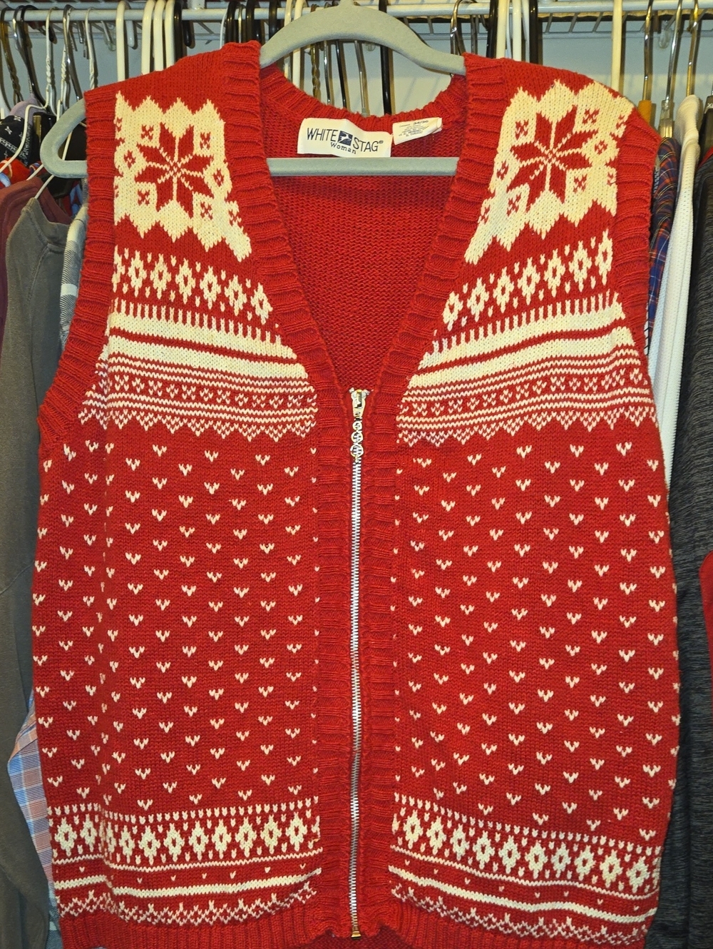 White Stag Red and Cream Fair Isle Zip V-Neck Sweater Vest